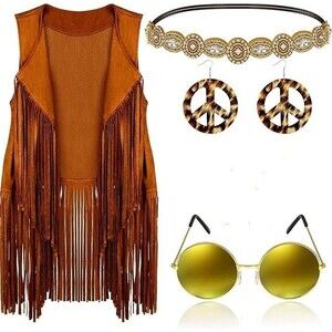 Hippie Costume Set Peace Sign Earring Headband Fringe Vest Tassel Cardigan